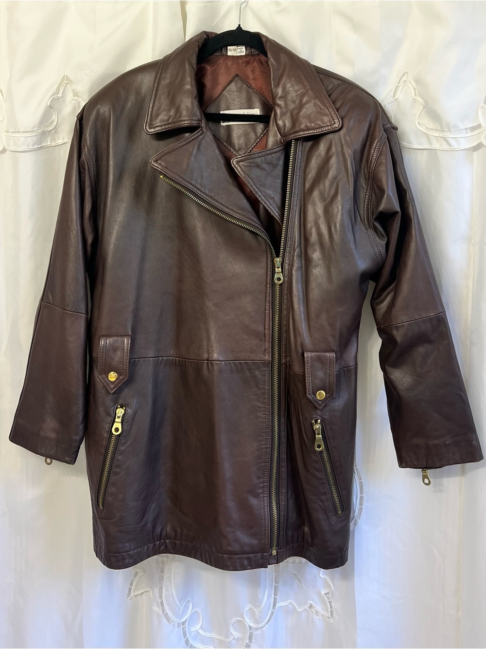 Andrew Marc Addition Chocolate Brown Leather Moto Trench Jacket M Vintage